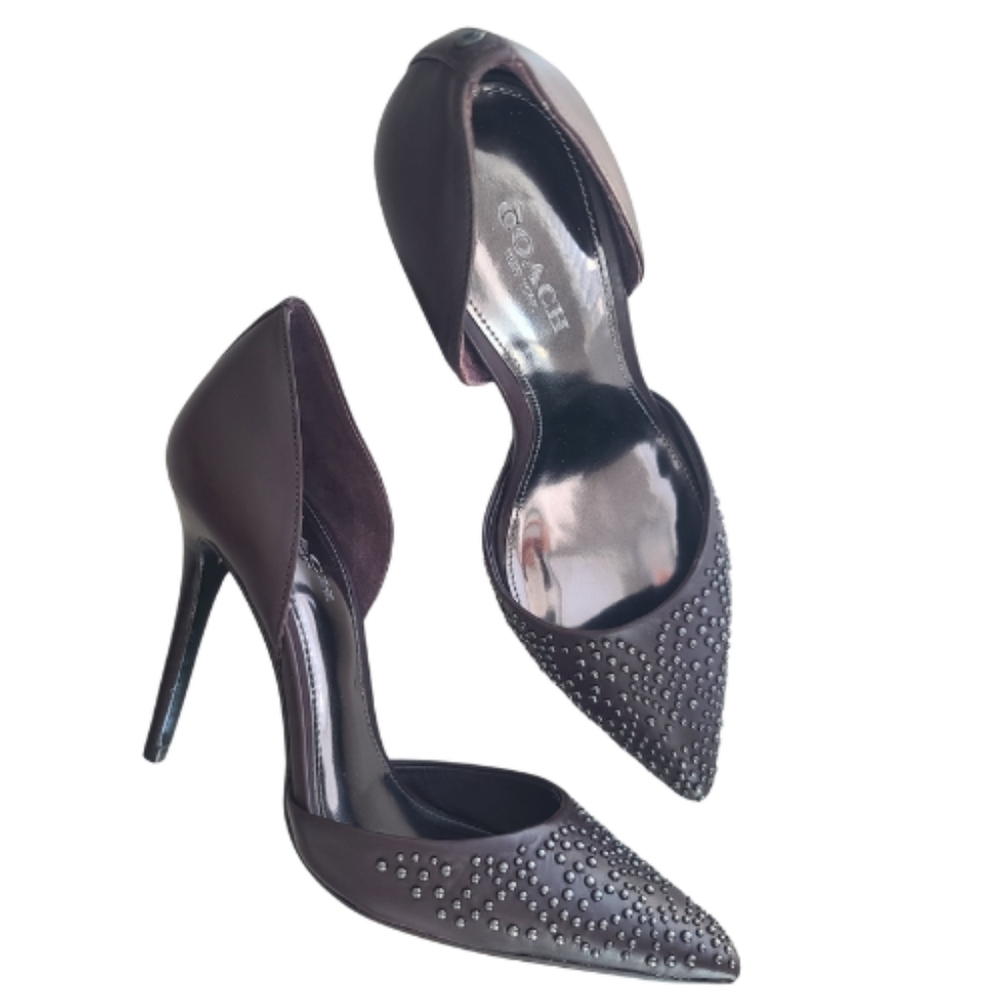 Coach Dark Brown Studded Leather Pointed-Toe Heels